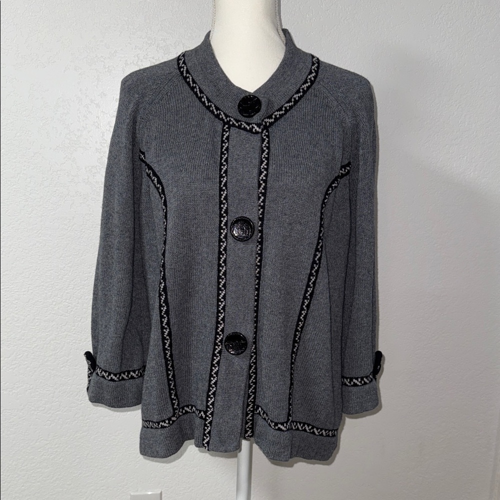 COLDWATER CREEK Gray Knit Cardigan with Black Trim M